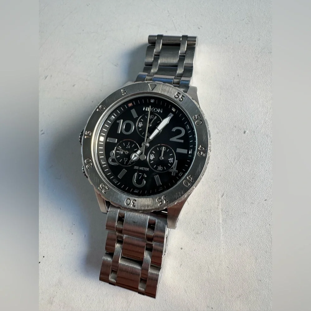 Nixon Men's Silver Stainless Steel Chronograph Watch with Black Dial